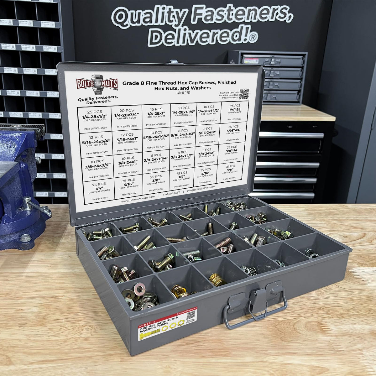 Fine Thread Grade 8 Hex Cap Bolts, Finished Hex Nuts, Washers, Lock Washers Metal Assortment Kit Containing 570+ Pieces!