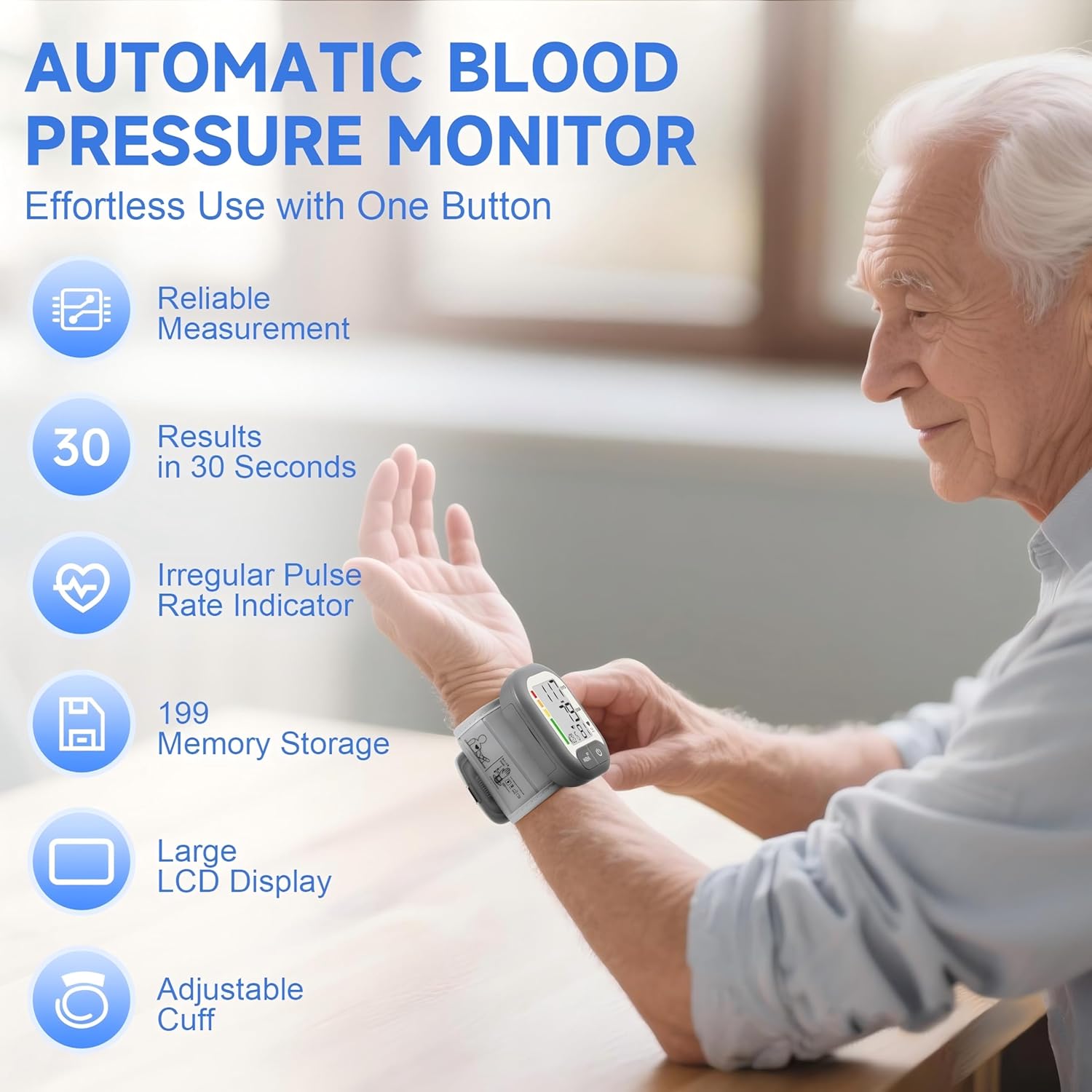 Blood Pressure Monitor Adjustable Wrist Cuff for Home Use Automatic BP Machine Large Digital LCD Display 199 Memory