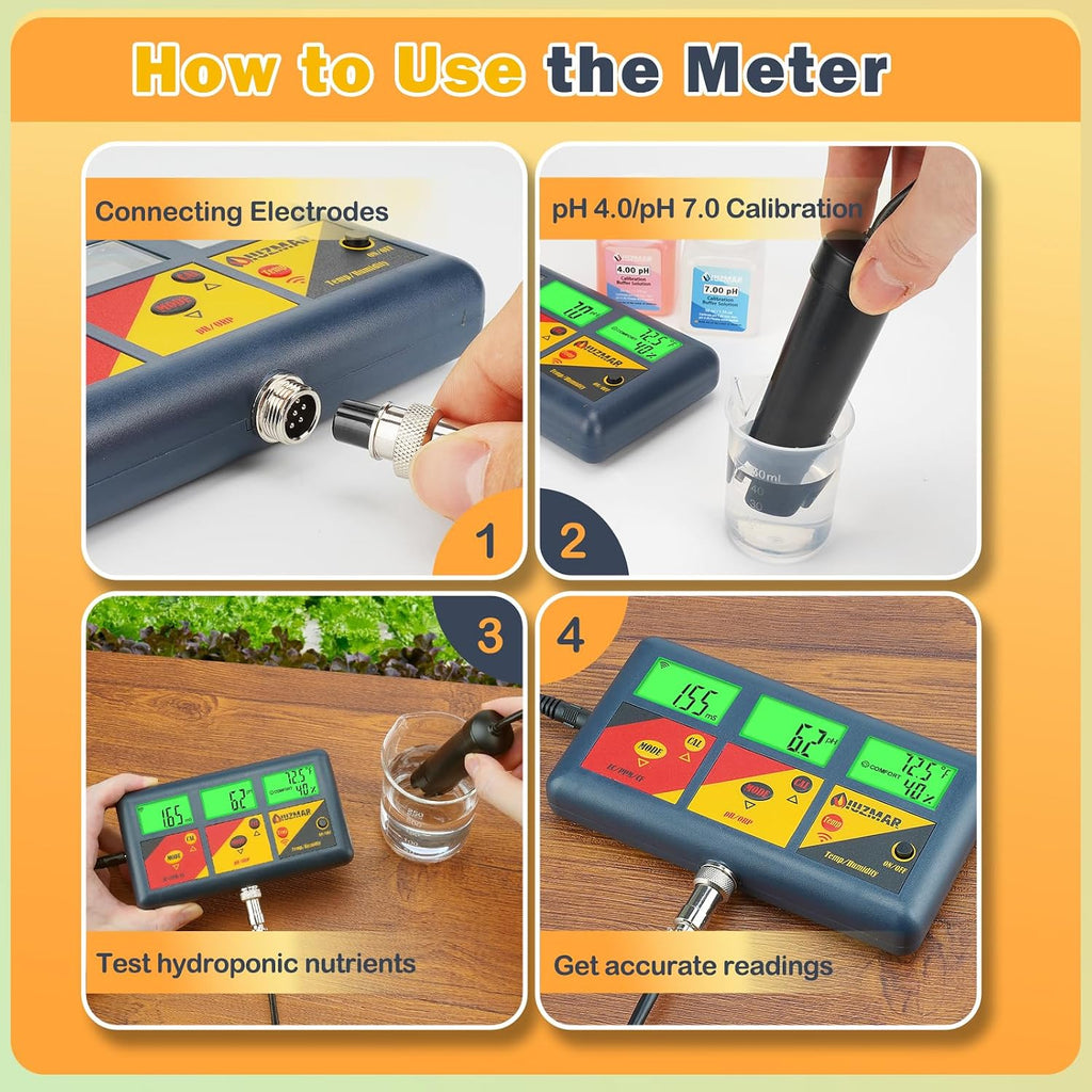 UIUZMAR pH EC Meter for Hydroponics 7 in 1 pH EC PPM CF ORP Temp Humidity
