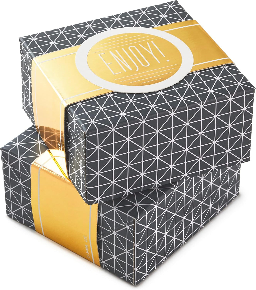 Small Gift Boxes with Wrap Band (2-Pack: Gray Geometric, Gold "Enjoy!") 4 inch Boxes for Weddings, Graduations
