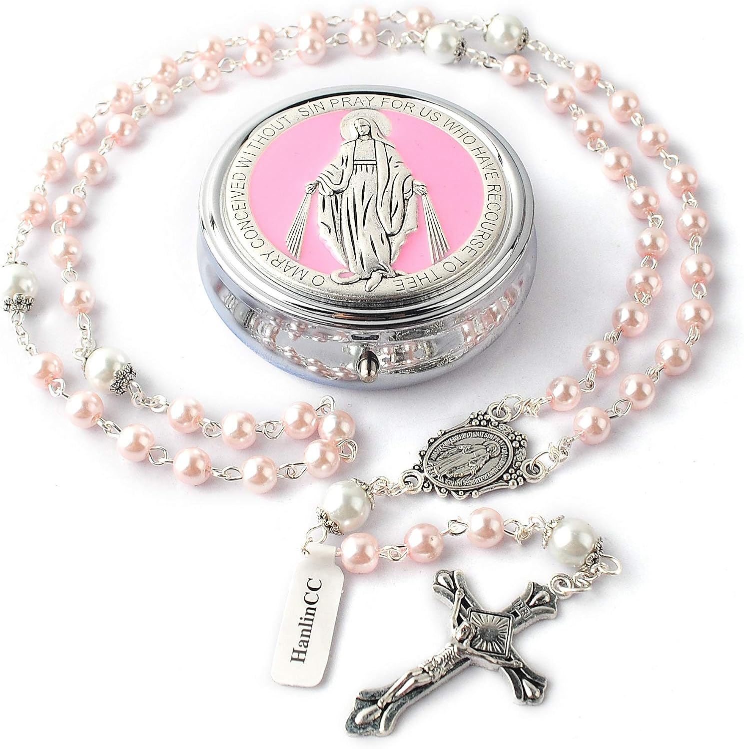 Catholic Miraculous Medal Rosary Glass Pearl Beads with Gift Box