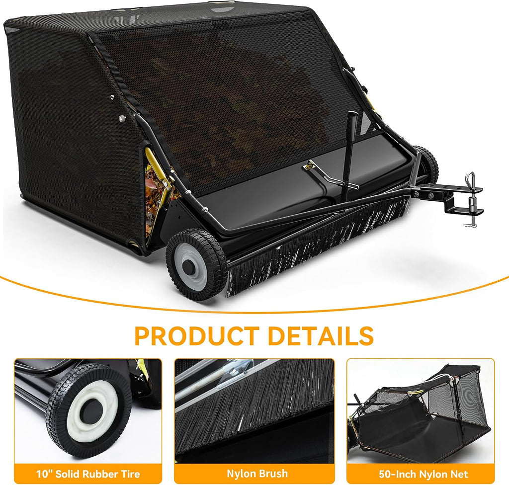50in Tow-Behind Lawn Sweeper Leaf Grass Collector 25 Cu.ft.