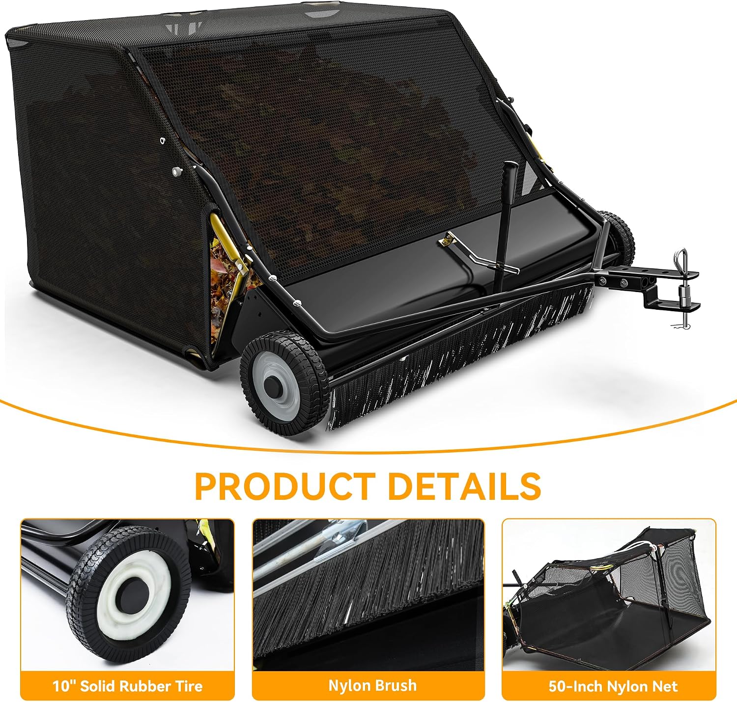 50in Tow-Behind Lawn Sweeper Leaf Grass Collector 25 Cu.ft.