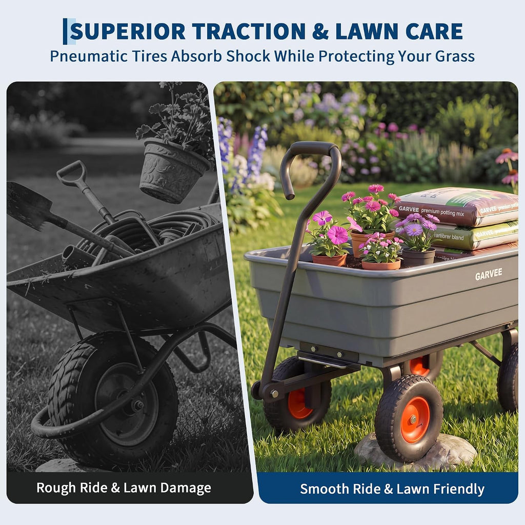 Poly Garden Dump Cart, 600 lb Wheelbarrow Yard Cart with 10 in Wheels, Quick-Dump & Towable Utility Wagon for Yard