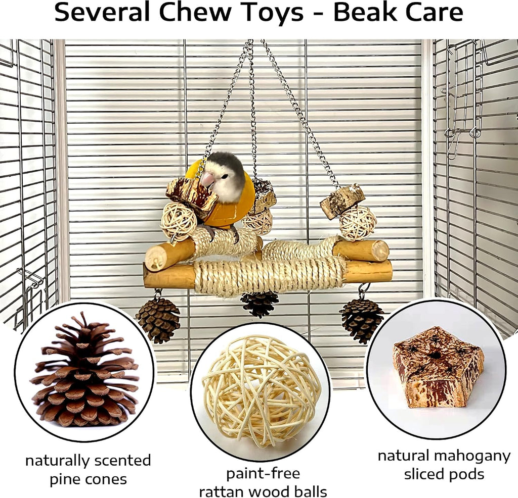 Bird Swing for Cage with Chew Toys, 3 Sisal-Wrapped Stable Perches(S) | Stable Triangle Design Parrot Perch Swing
