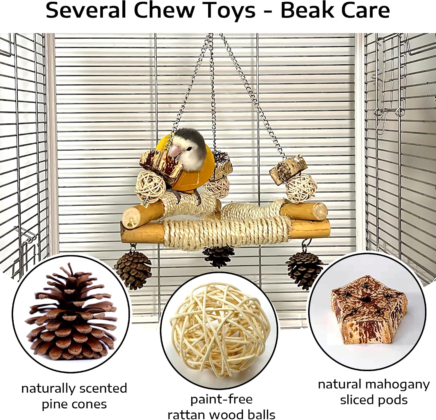 Bird Swing for Cage with Chew Toys, 3 Sisal-Wrapped Stable Perches(S) | Stable Triangle Design Parrot Perch Swing