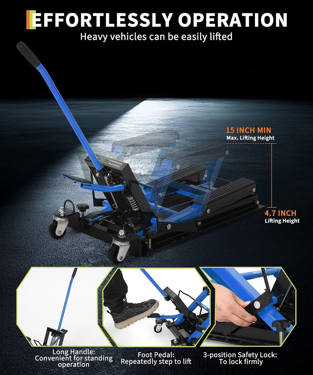 Motorcycle Jack, 1500 Lbs Hydraulic Motorcycle Lift Jack, Adjustable Height 4.53" To15.35, Heavy-Duty Steel ATV Lift