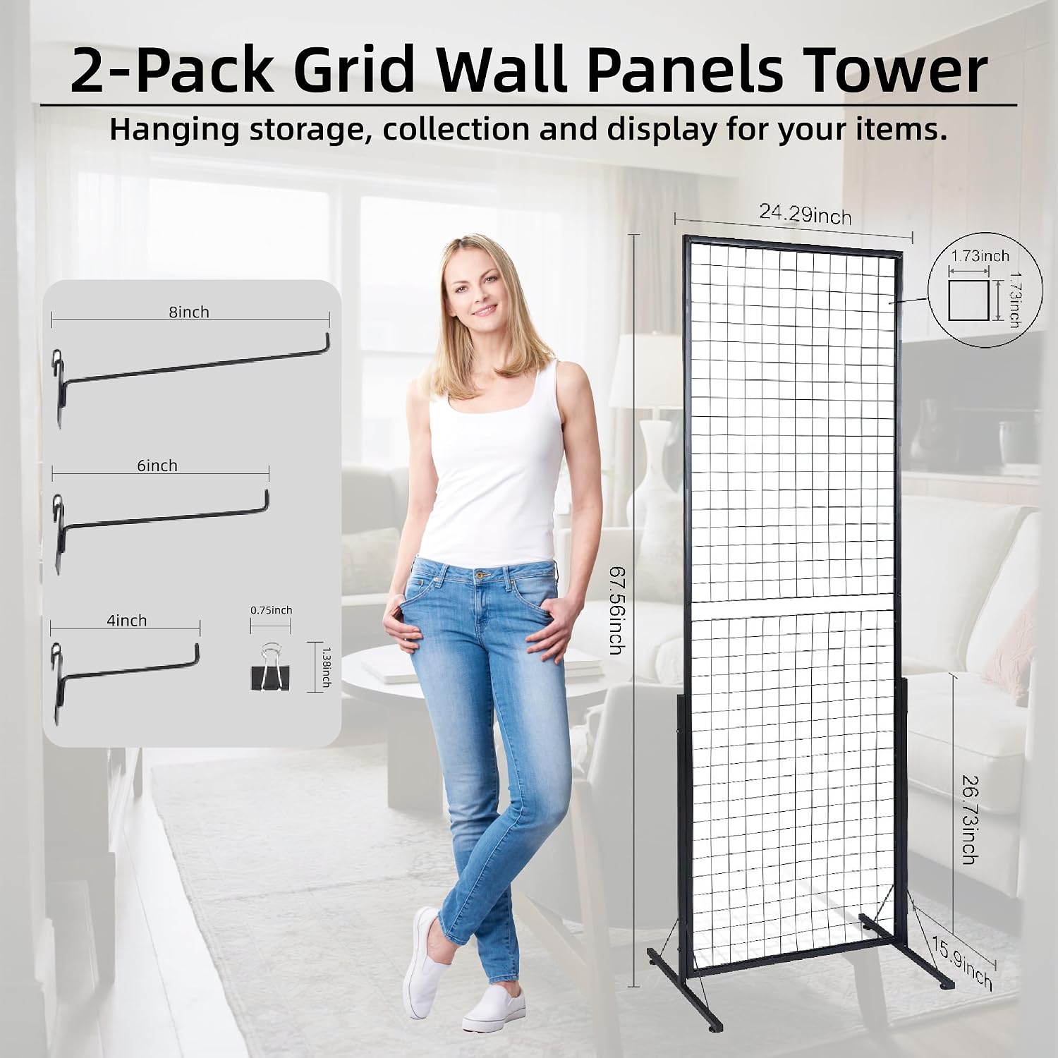 2 Packs Grid Wall Panels Tower 2' x 5.6' Double Side Wire Gridwall Display Racks with T-Base for Craft Shows Retail