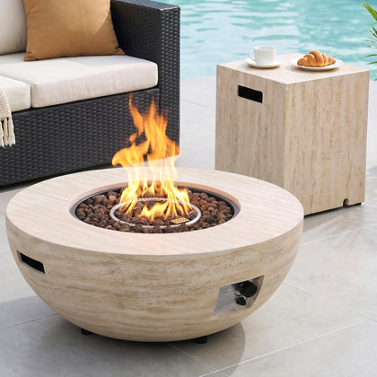 36” Round Propane Fire Pit Table, Concrete Gas Fire Pits for Outside Patio