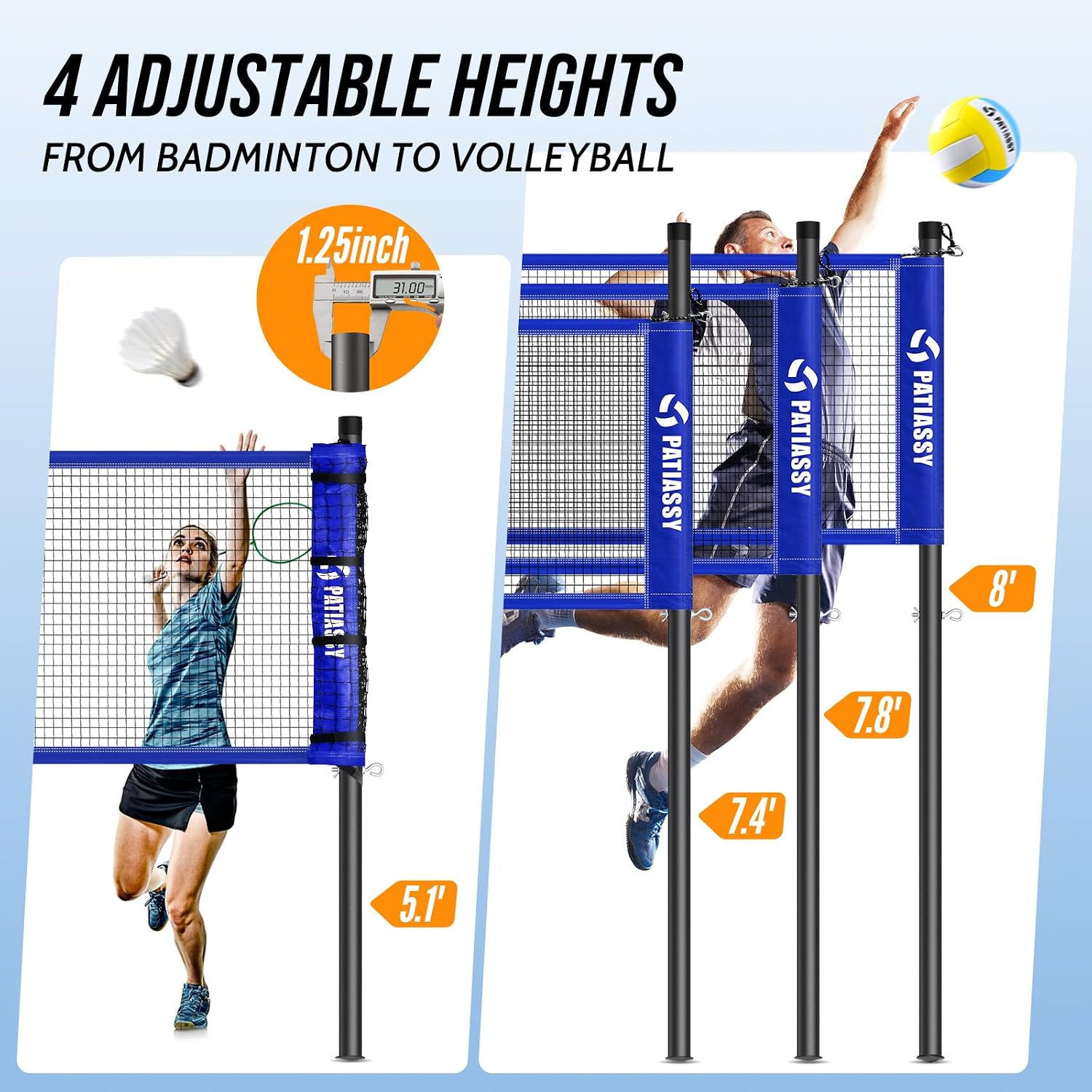 Portable Volleyball Net Set for Backyard, Adjustable Width (32/26/20FT) & Height, Anti-Sag Tension Design for Outdoor