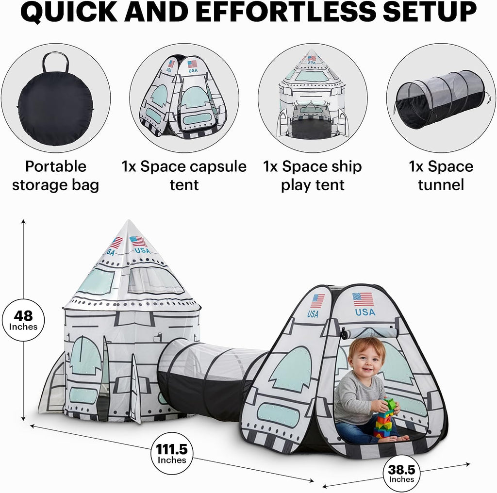 USA White Rocket Ship Play Tent with Tunnel, Pop Up Kids Playhouse Set, Indoor Outdoor Spaceship Tent for Boys Girls