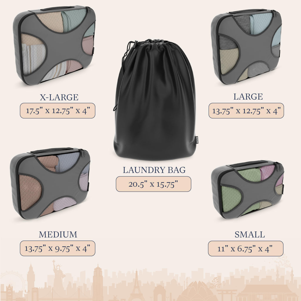 5 Set Packing Cubes for Travel with Laundry Bag (Dark Grey)