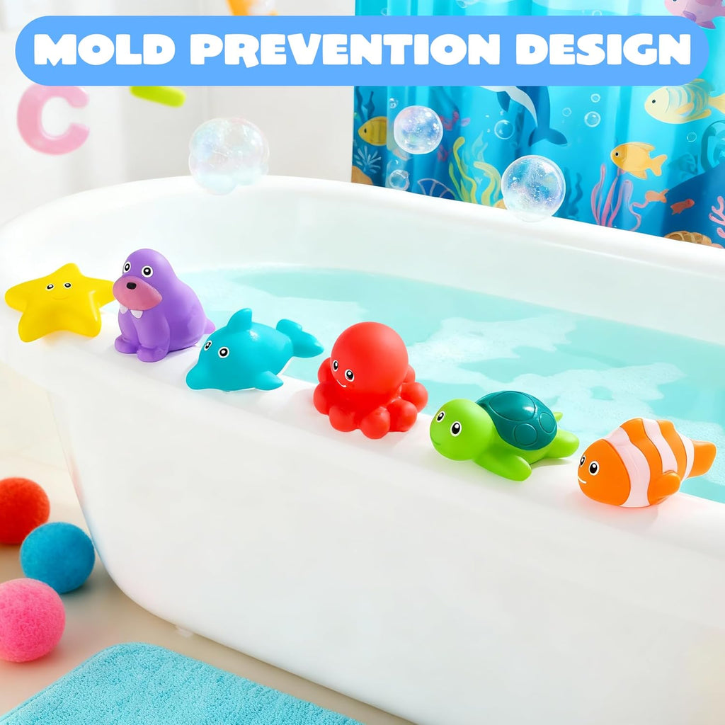 6 Pcs Sea Animal Bath Toys, Sealed & No-Hole & Mold Free Bathtub Toys for Kids, Non-Toxic & Soft Water Vehicles Toys