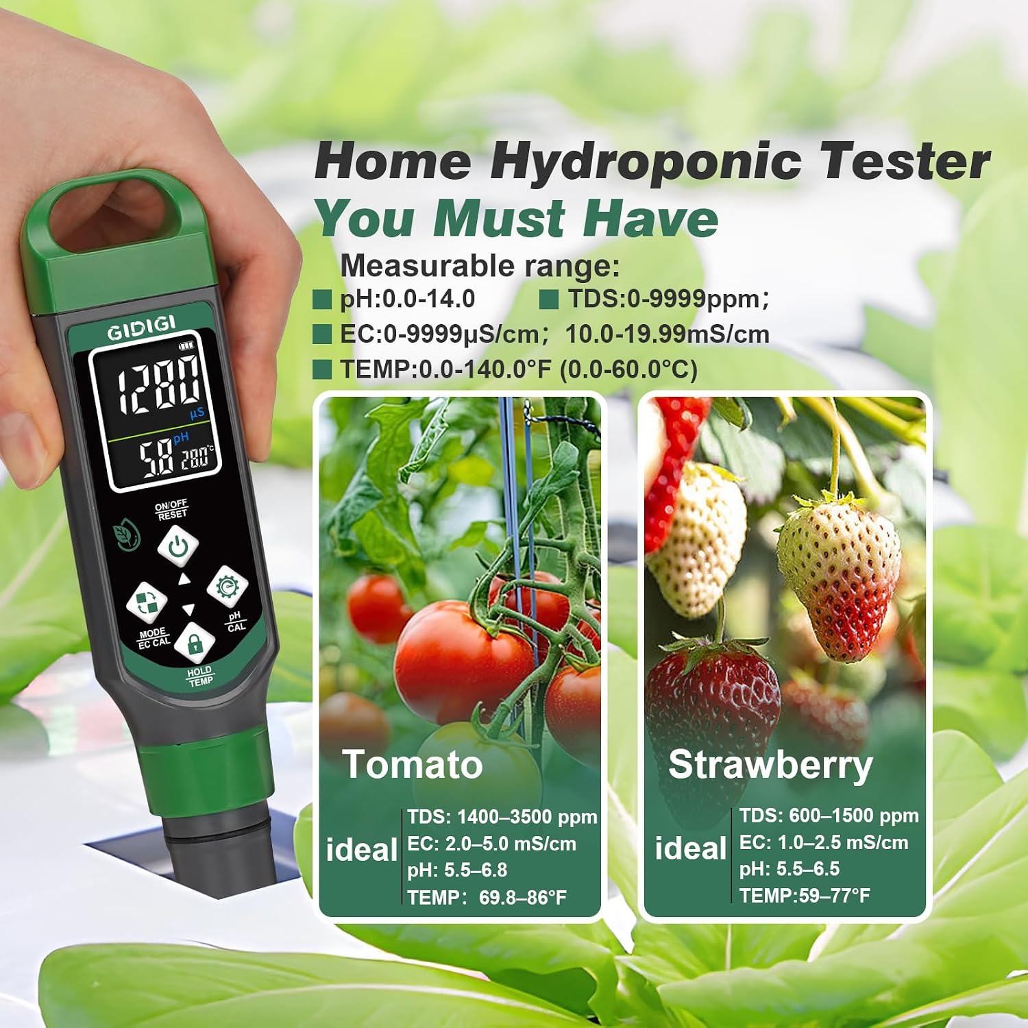 Hydroponic Nutrient Tester pH Meter, Digital TDS PPM Meter for Water | ATC/AAA Battery/Calibration Kit/pH Reset, 4 in