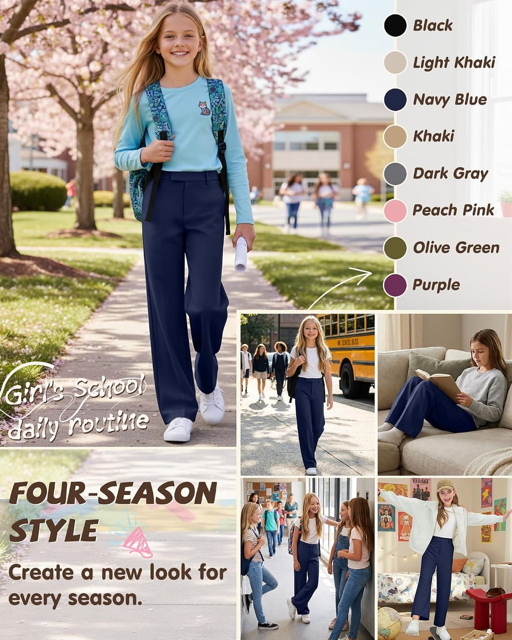 Girls School Uniform Pants Teen Dress | Teen Preppy Adjustable Waist Trousers Pockets, Front Button Zipper Fly