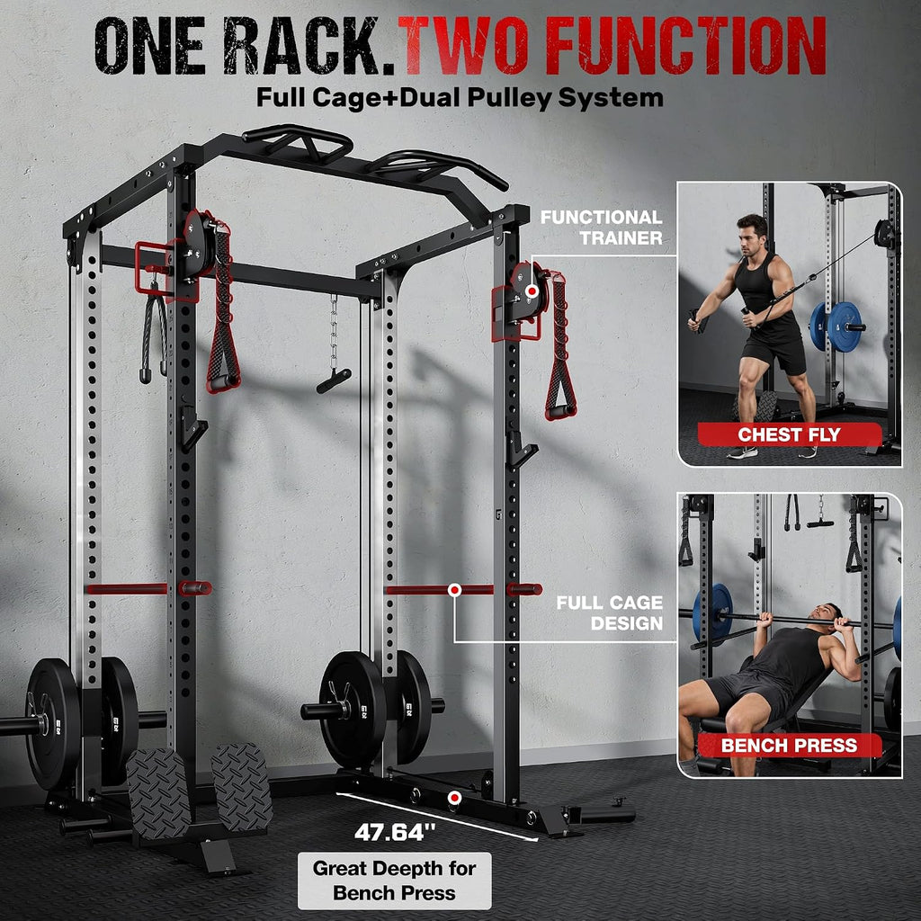 DP01 Power Cage, 2000LBS Squat Rack with Cable Crossover and Dual Independent Pulley System, Full Cage for Full Body