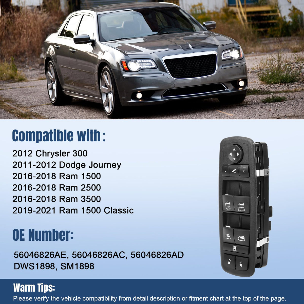 56046826AE Driver Side Power Window Switch for 2016-2018 Ram 1500 2500 3500