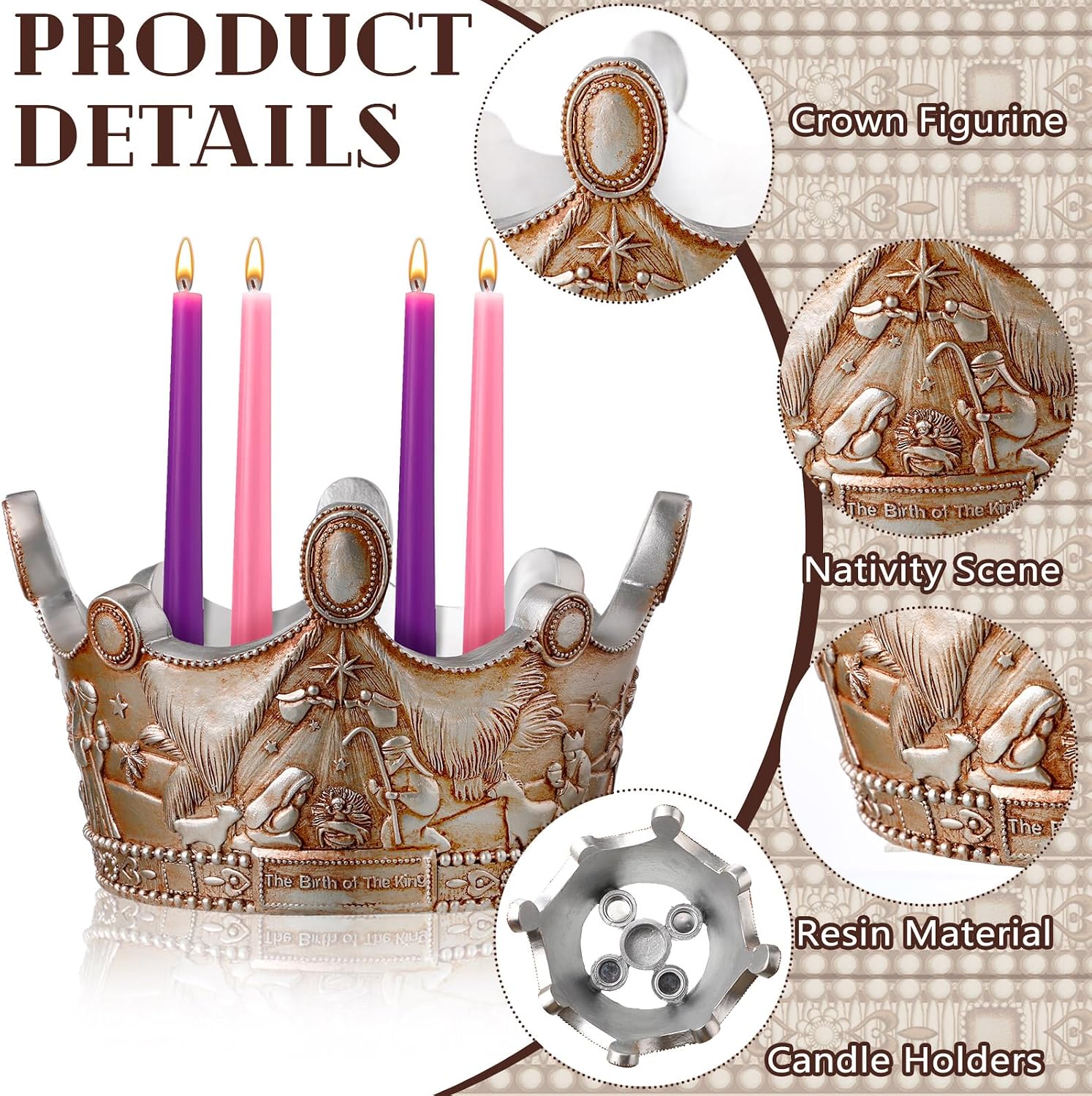 Nativity Advent Candle Holder 9.4 Inch Christmas Advent Wreath Candleholder Resin Nativity Advent 5 Candle Holder