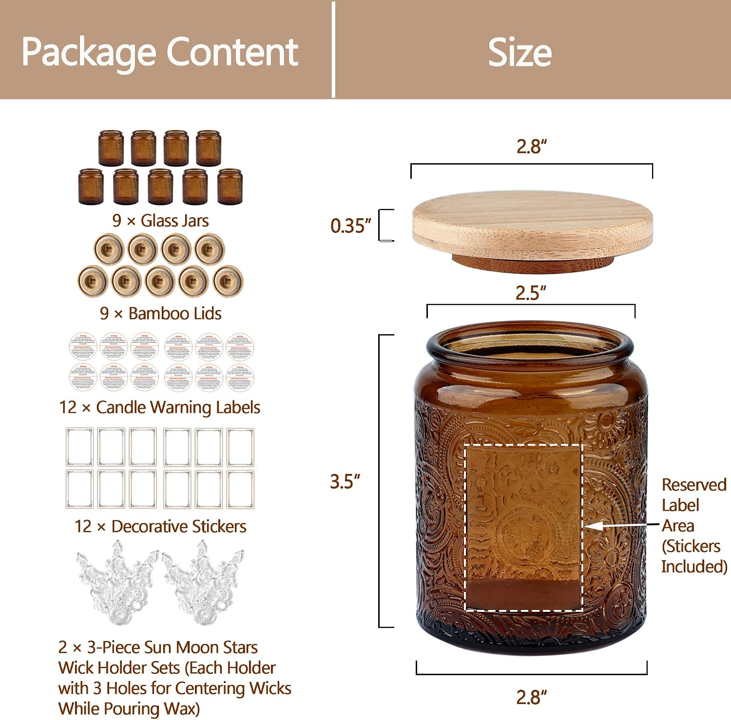8 oz Mocha Sun Moon Stars Candle Jars with Bamboo Lids, 9 Pack | Patented Embossed Design, Includes Wick Centering