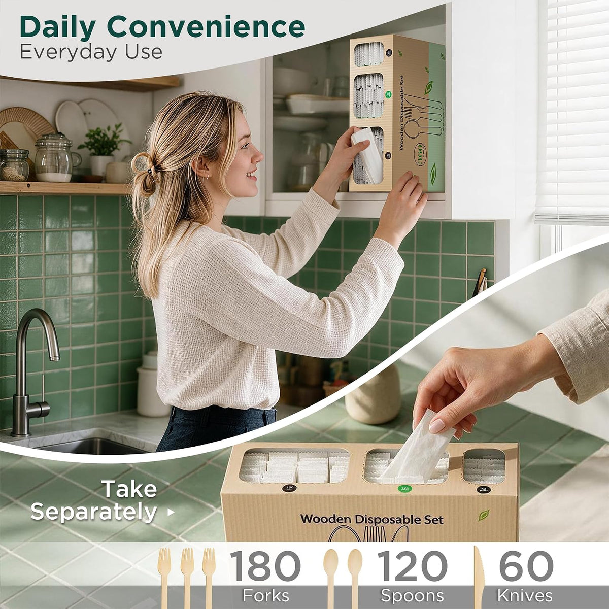 360 Count Disposable Wooden Cutlery Set, Forks, Spoons & Knives
