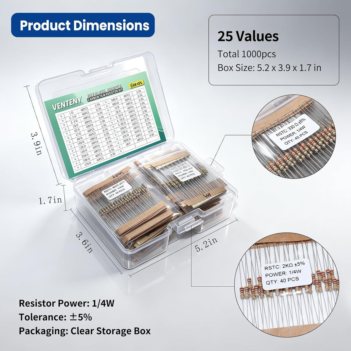 1000PCS Resistor Kit, 25 Values 1 Ohm-1M Ohm, 1/4W 5% Carbon Film