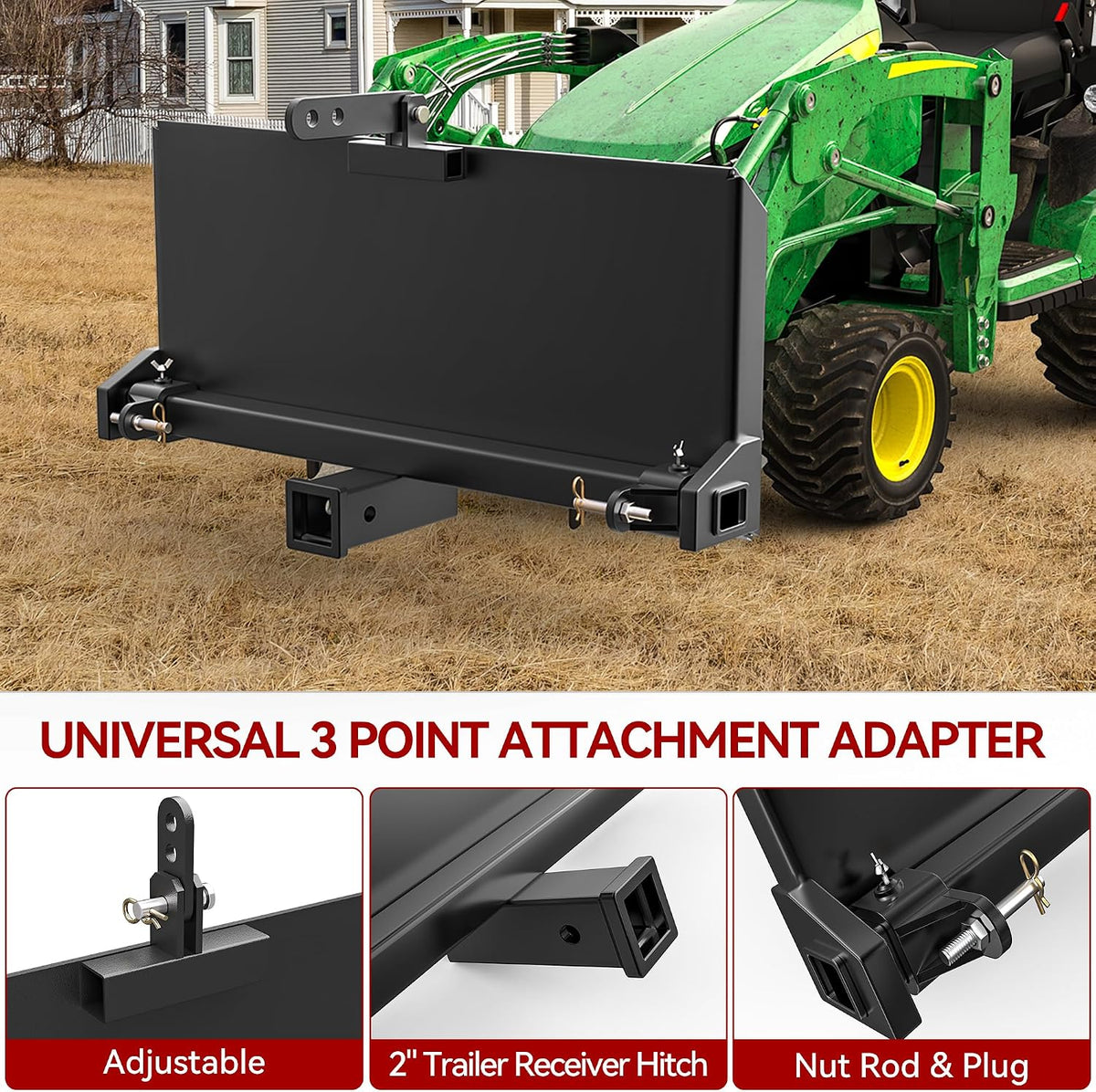 Skid Steer 3 Point Adapter Plate Mount with 2" Hitch Receiver | Universal Quick Attach Mount Plate Adjustable Width