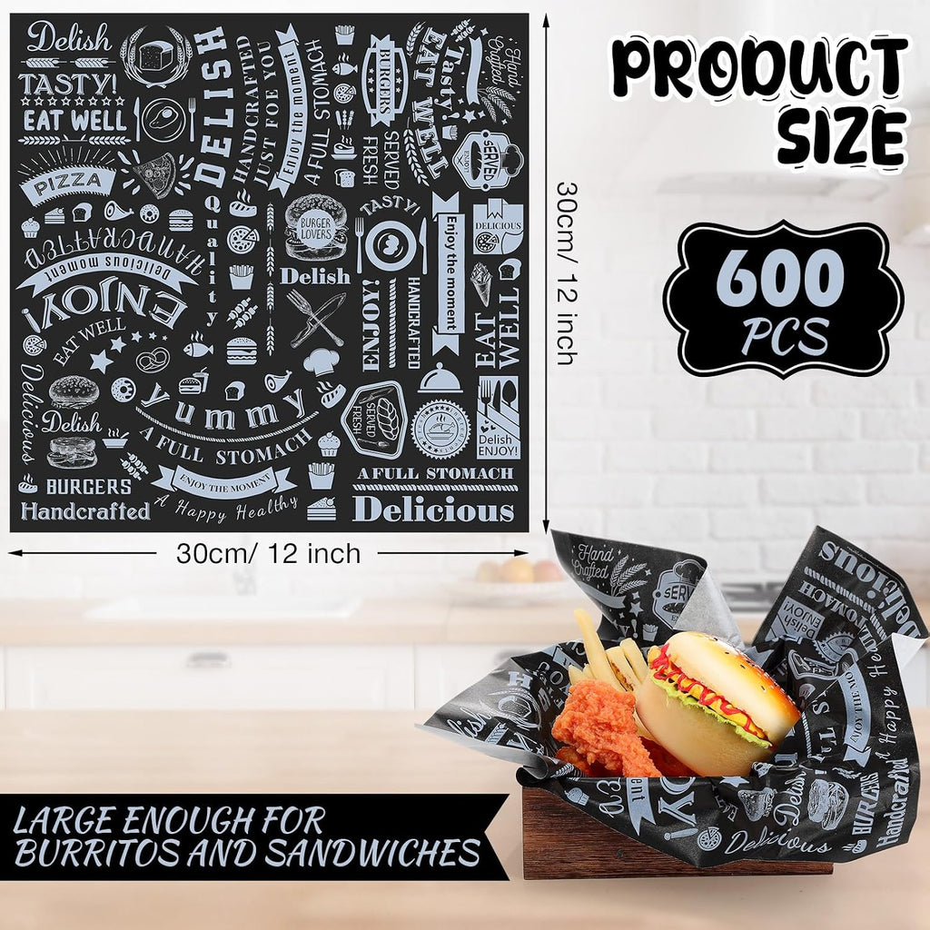 600 Pcs 12 x 12 Inch Deli Wax Paper Sheets, Black