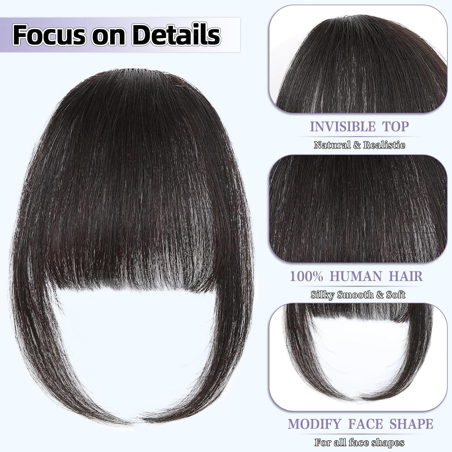 Clip in Bangs Real Human Hair Wispy Bangs Hair Clip, Brown Black | Soft Layered Fake Bangs, Fringe with Temples