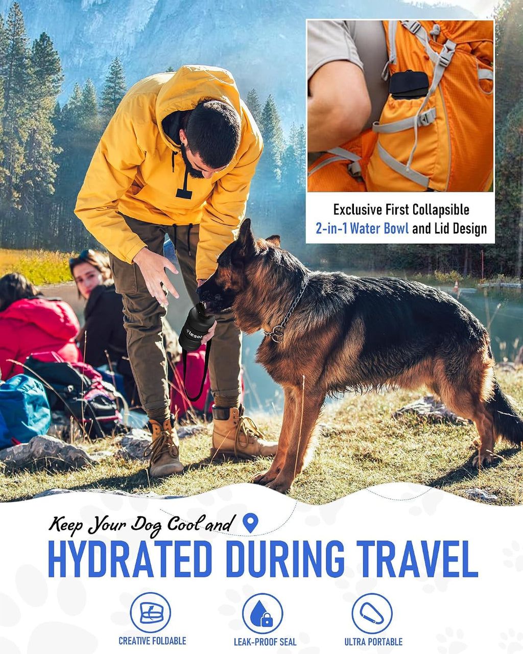 Dog Water Bottle, Portable Water Dispenser with Water Bowl, Leak Proof Pet Travel Squeeze Bottle, Puppy Essentials