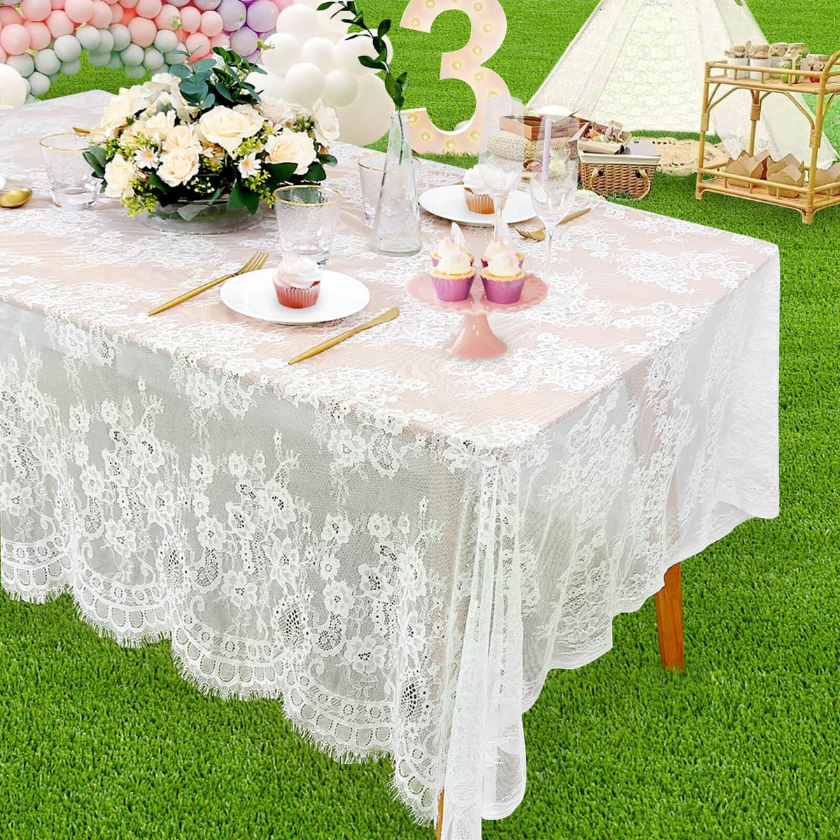 White Lace Tablecloth Rectangle 60x120 Inches Long Embroidered