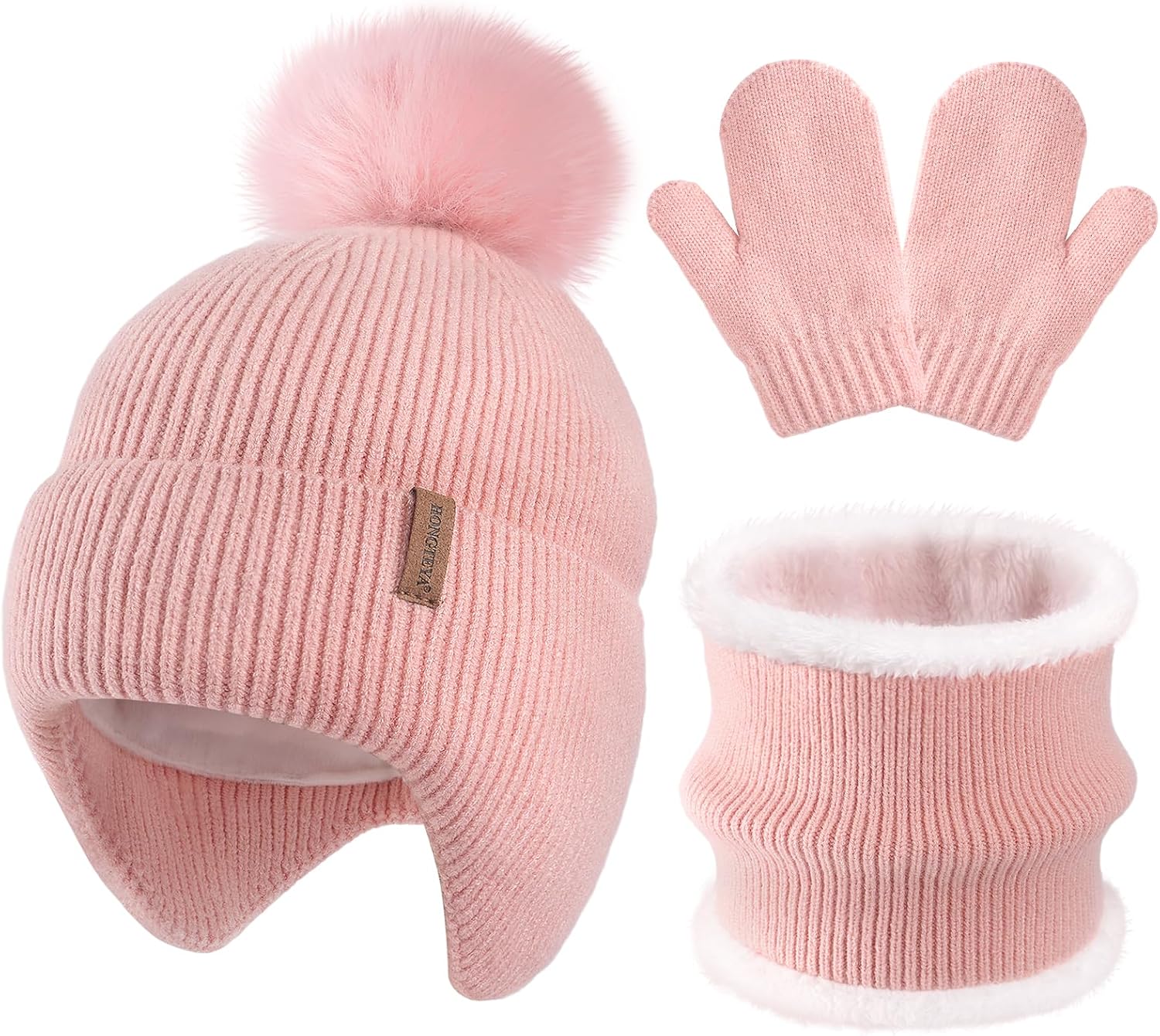 Toddler Girls Winter Hat Gloves Scarf Set Warm Fleece Lined Knit