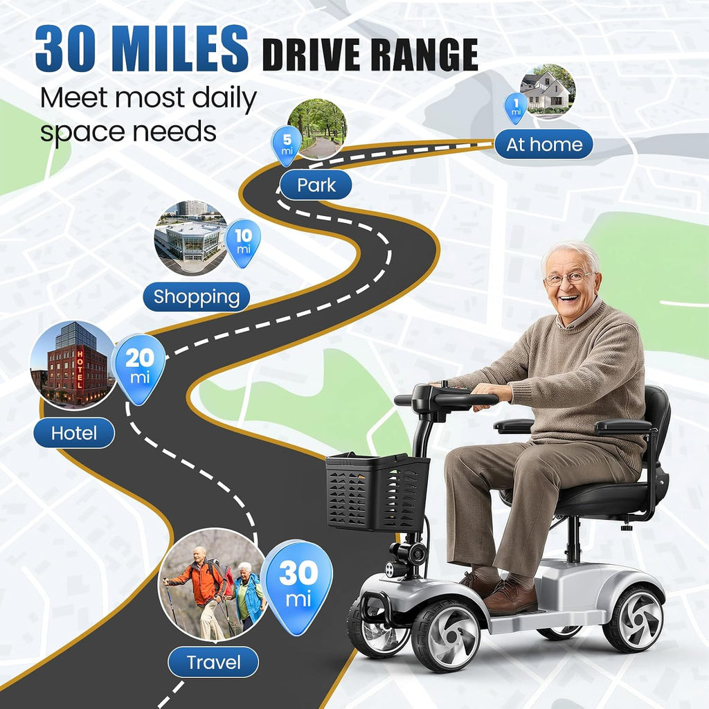 30 Miles Foldable Powered Mobility Scooters for Seniors and Adults, Silver