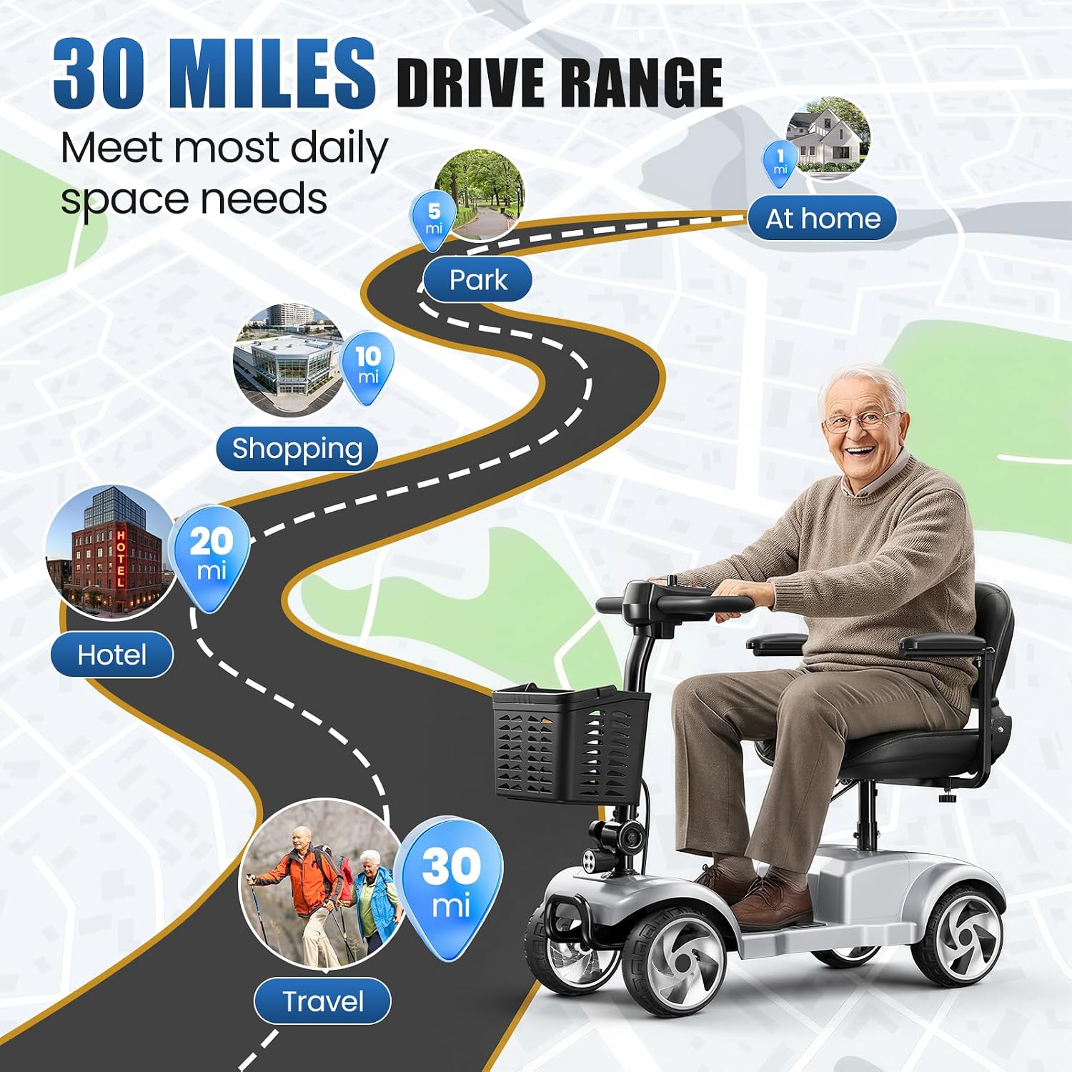 30 Miles Foldable Powered Mobility Scooters for Seniors and Adults, Silver