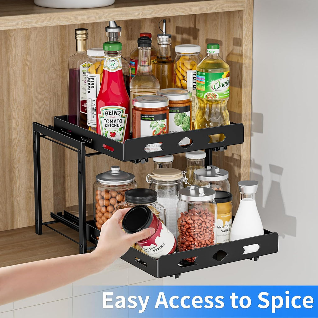 Pull Out Spice Rack Organizer for Cabinet, 2 Tier Cabinet Spice Rack Organizer, Height Adjustable Vertical Spice Rack