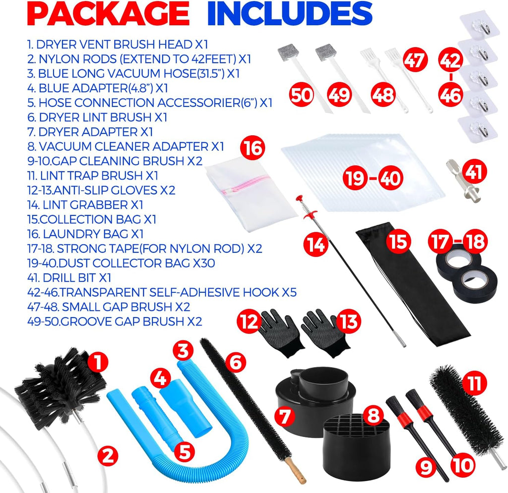42FT Dryer Vent Cleaner Kit 50Pcs - Lint Remover Brush Vacuum Tools