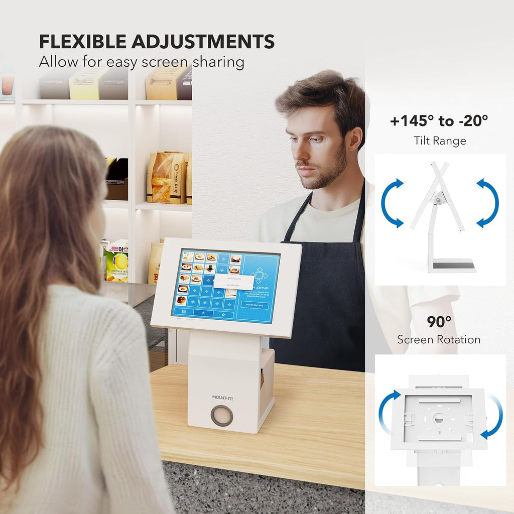 iPad Kiosk Stand with Printer Shelf, Locking Anti-Theft, White | Tablet POS Stand for Countertop Checkout, 90°