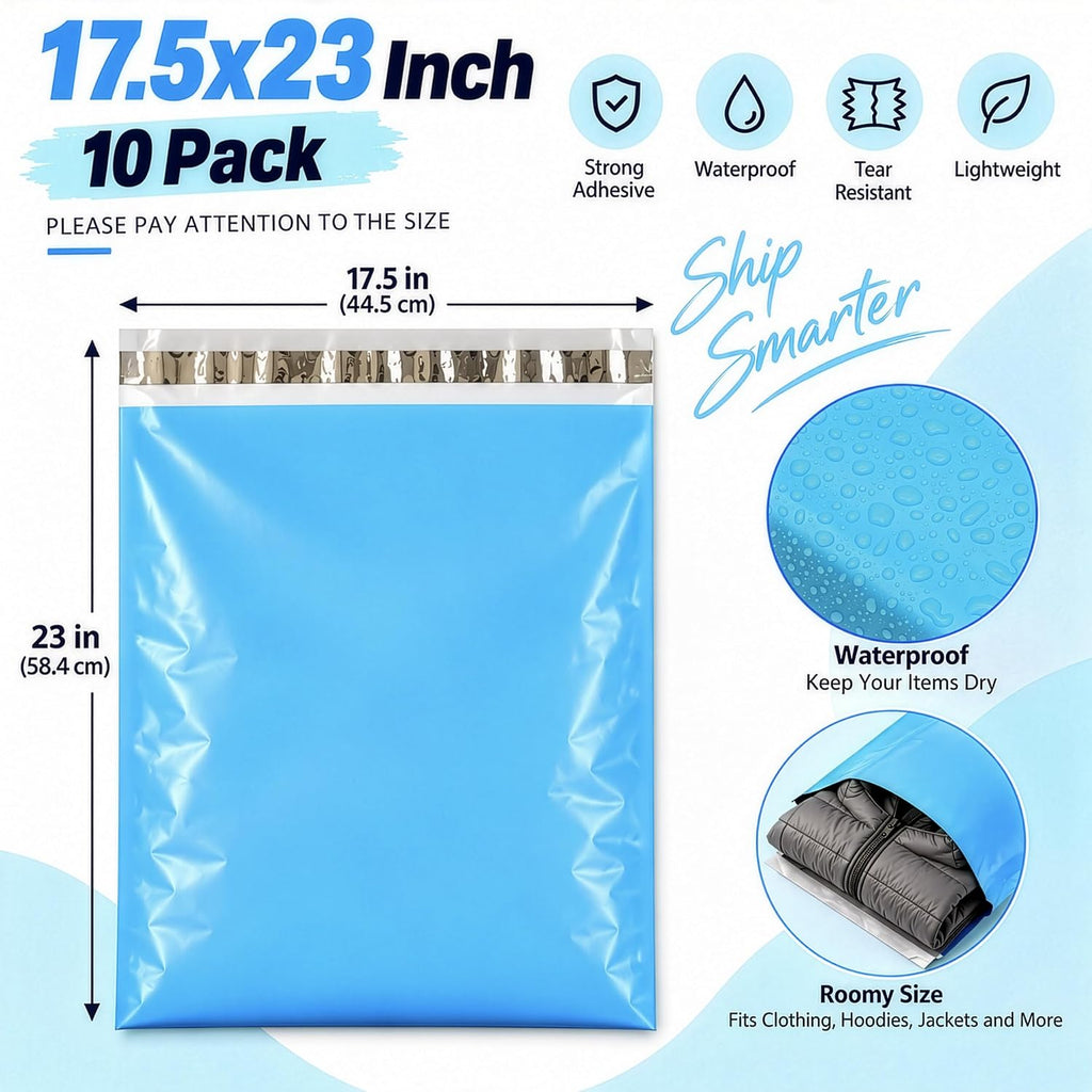 Large Poly Mailers 10 Pack, Shipping Bags, Mailing Bags, 17.5x23 Inch, Blue