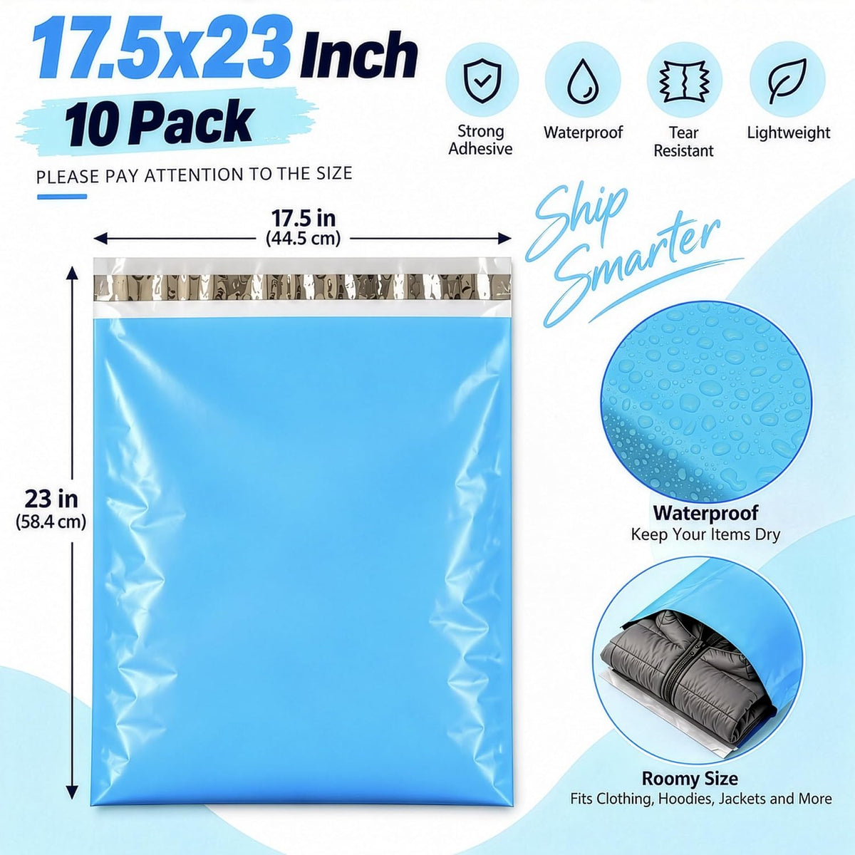Large Poly Mailers 10 Pack, Shipping Bags, Mailing Bags, 17.5x23 Inch, Blue