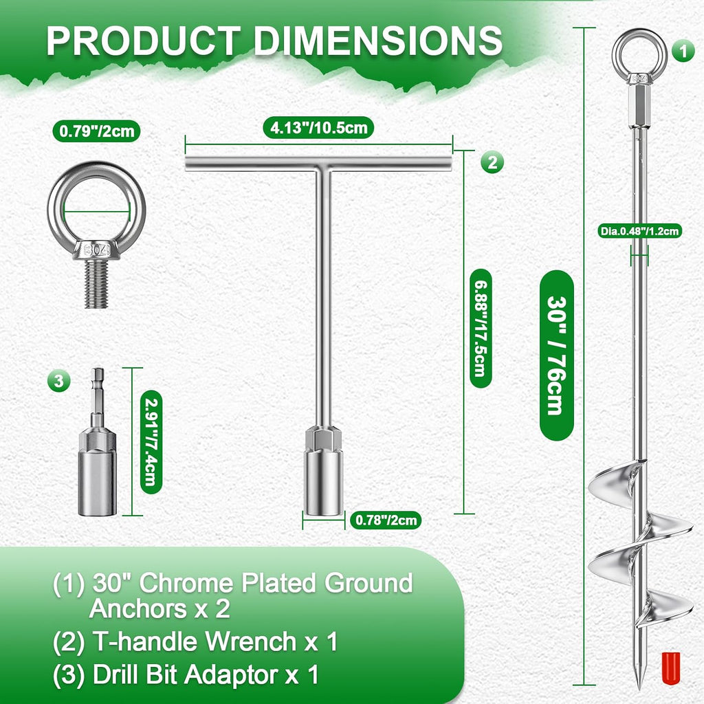Shed Anchor Kit 30" Heavy Duty Ground Anchors Screw in 2 Pack– with T-Handle & Drill Bit Adaptor, Chrome Plated Solid