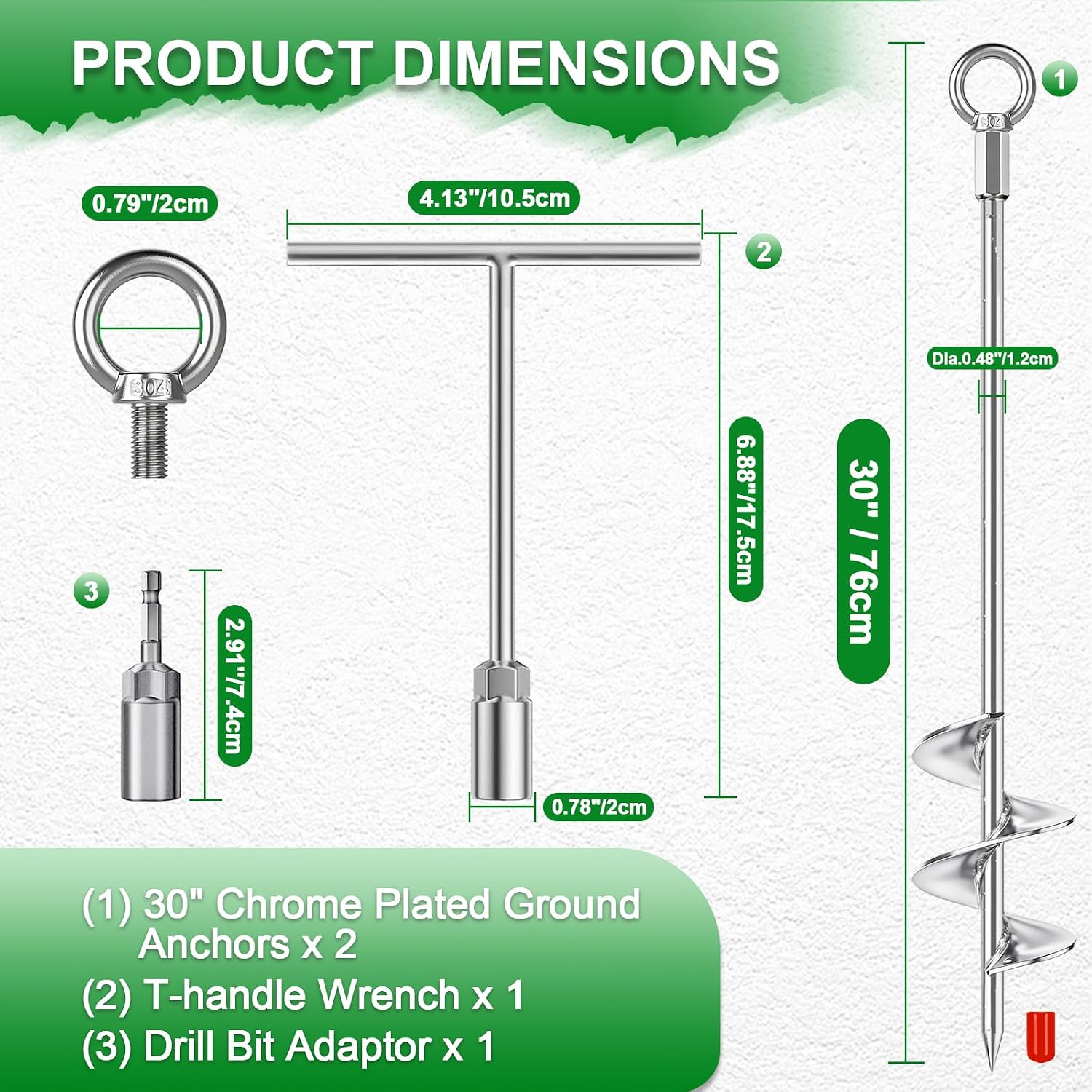 Shed Anchor Kit 30" Heavy Duty Ground Anchors Screw in 2 Pack– with T-Handle & Drill Bit Adaptor, Chrome Plated Solid