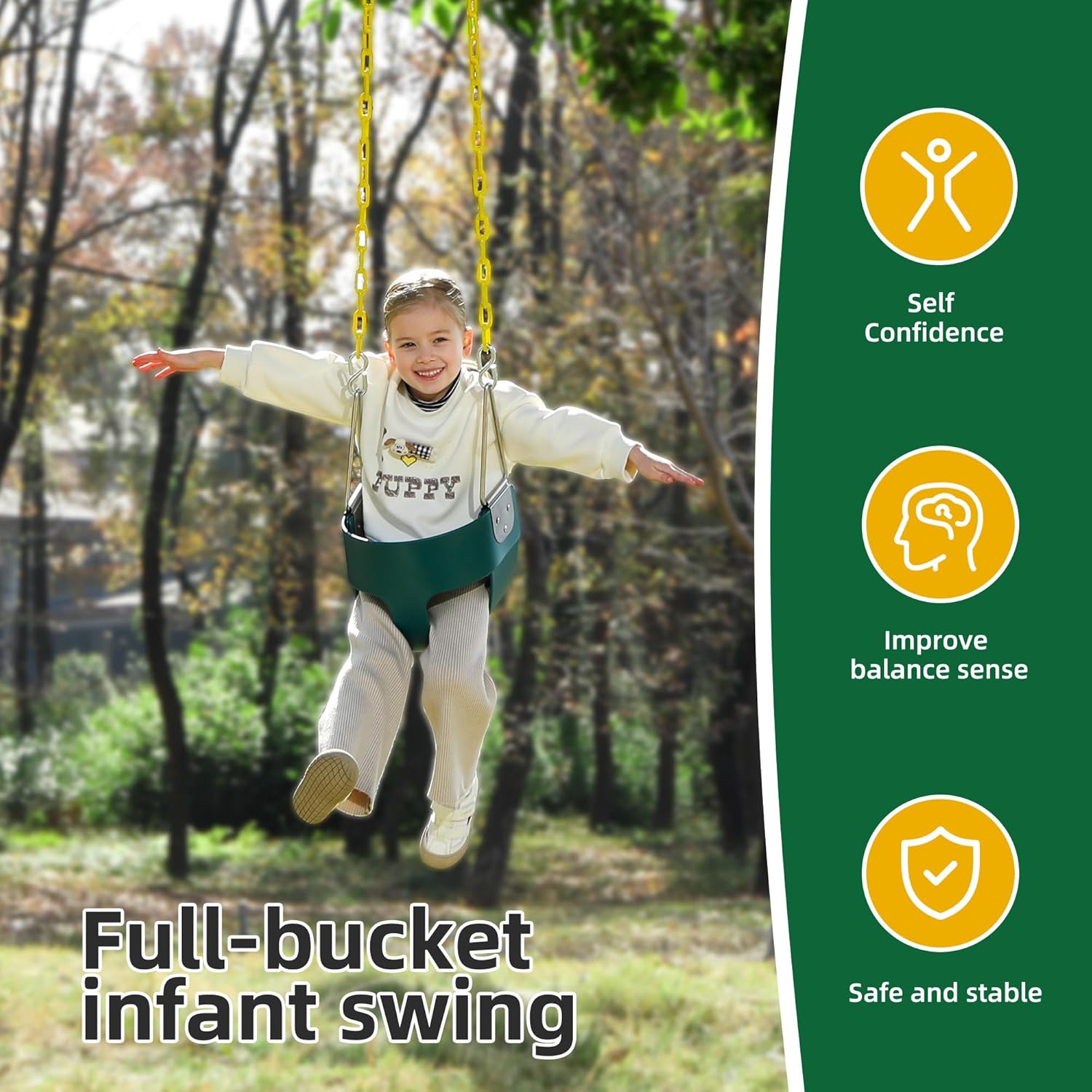 High Back Full Bucket Toddler Swing Seat with Yellow Coated Chains Fully Assembled Baby Swing Set Accessories
