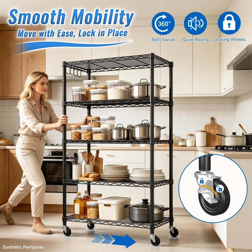 24" W x 18" D x 75" H Wire Storage Shelves with Wheels: 5 Tier Adjustable Metal Shelving Unit, NSF Heavy Duty Kitchen