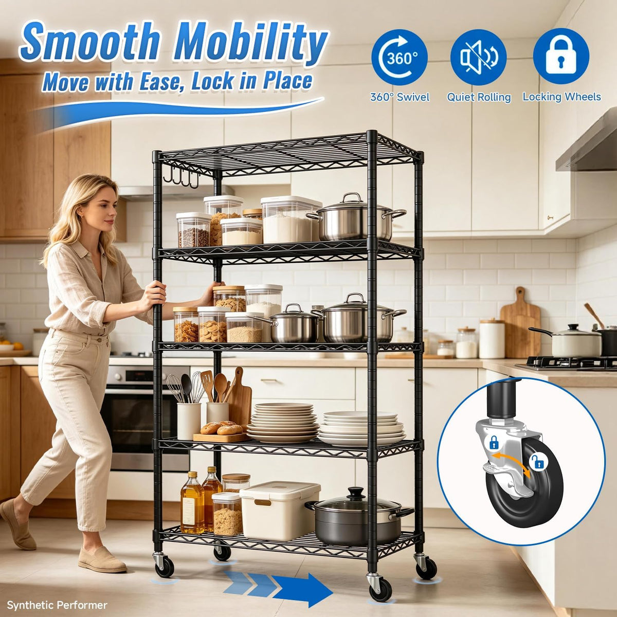 24" W x 18" D x 75" H Wire Storage Shelves with Wheels: 5 Tier Adjustable Metal Shelving Unit, NSF Heavy Duty Kitchen