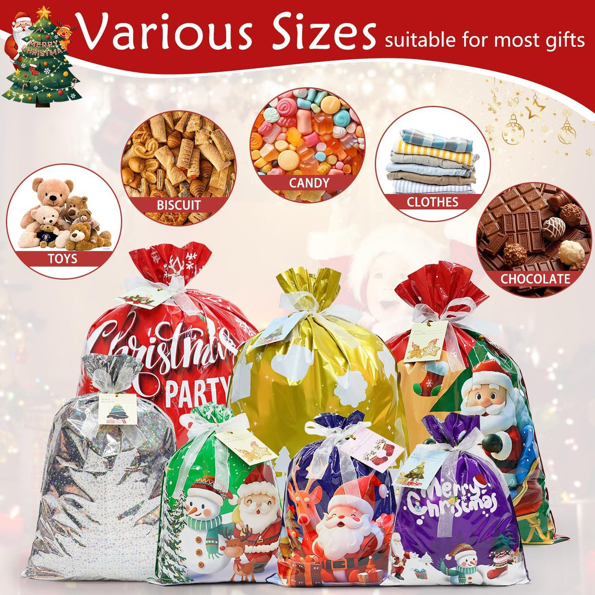 30 Pcs Christmas Gift Bags, 4 Assorted Sizes Small Medium Large