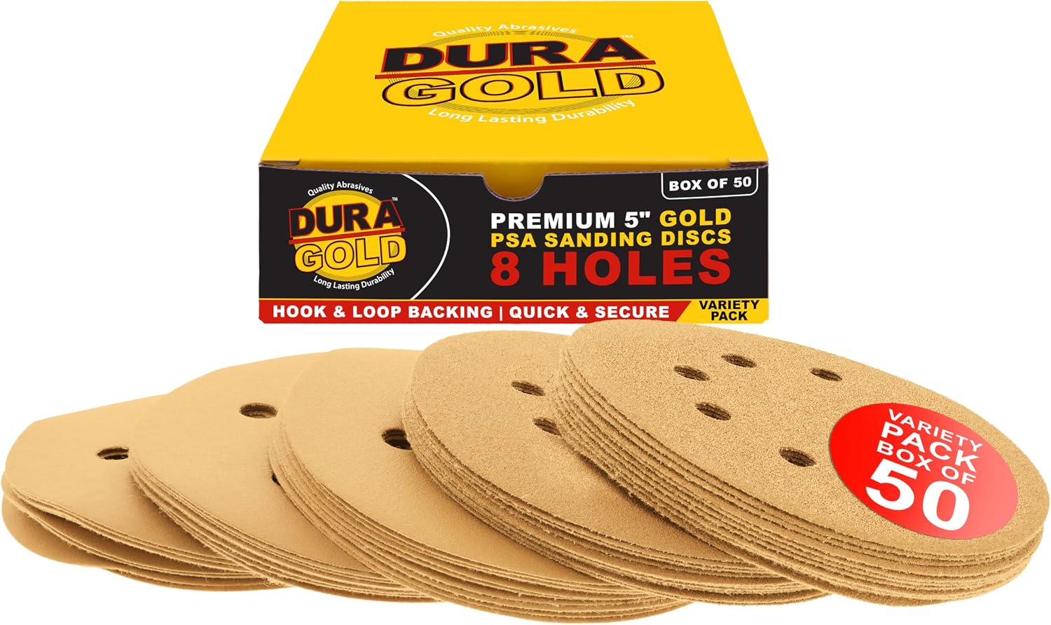 Premium - Variety Pack - 5" Gold Sanding Discs - 8-Hole Dustless Hook and Loop - 10 Each of Grit (60, 80, 120, 220