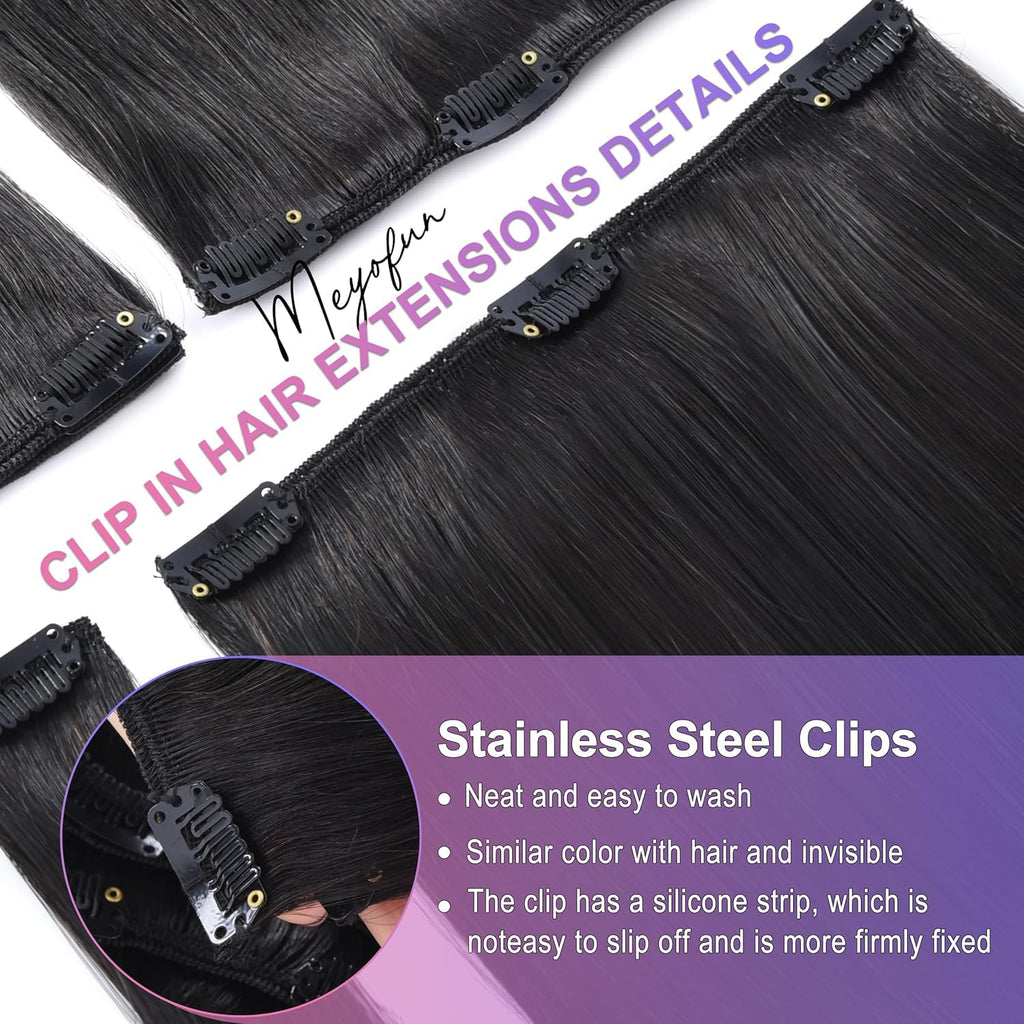 Clip in Hair Extensions Real Human Hair, 20 Inch 8Pcs 105g, 1B Black | Invisible Seamless Straight Remy Human Hair