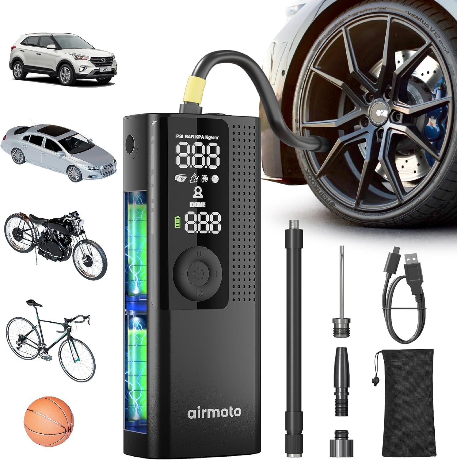 Tire Inflator Portable Air Compressor for Cars, Bikes and Bicycles | Cordless Air Pump With Digital Pressure Gauge