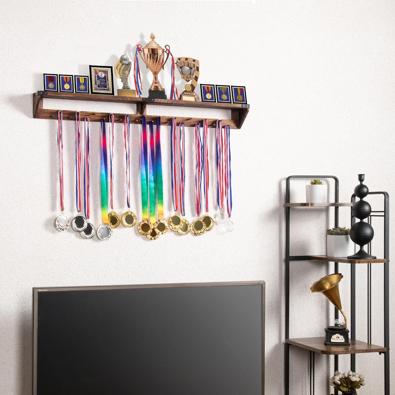 Gymnastic Medal Hanger with Storage Shelf, Wooden Wall-Mounted Trophy Shelf, Race Medal Display Rack Holder with 23