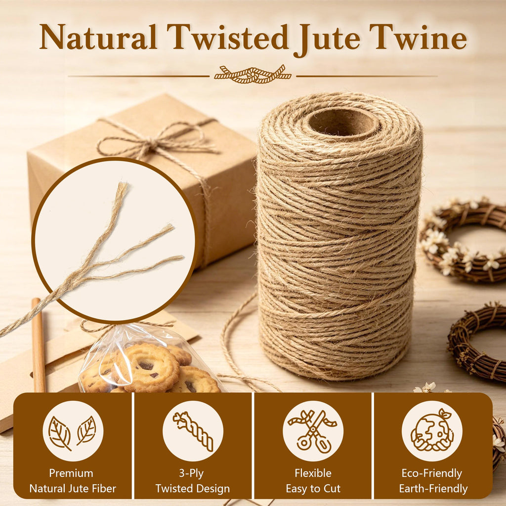 2mm Natural Jute Twine 328ft, Strong String for Crafts, Gift Wrapping & Wedding Decor, Durable Garden Twine for