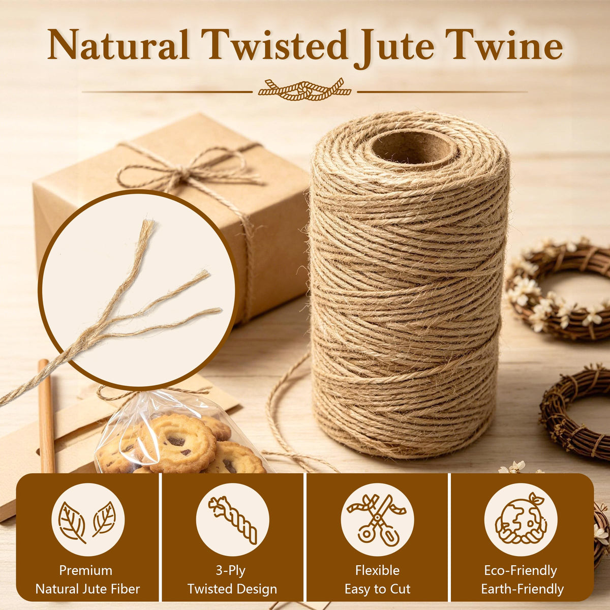 2mm Natural Jute Twine 328ft, Strong String for Crafts, Gift Wrapping & Wedding Decor, Durable Garden Twine for
